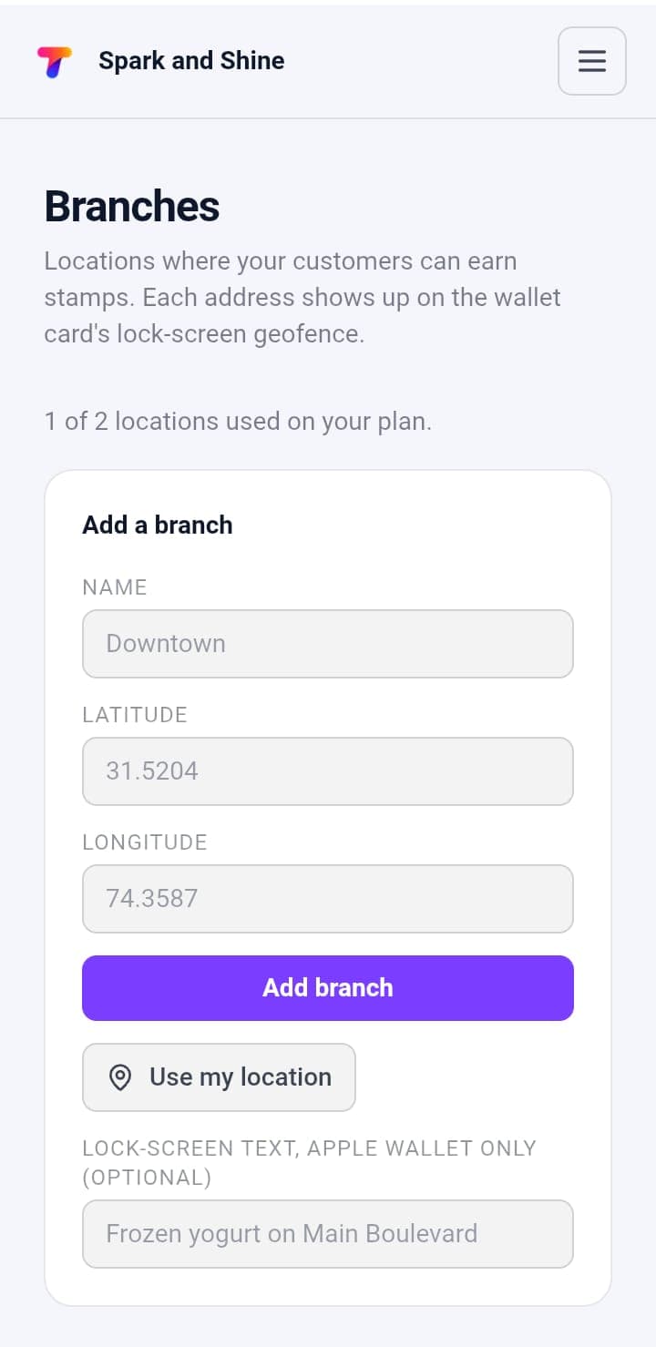 Branches page in the Merchant Dashboard