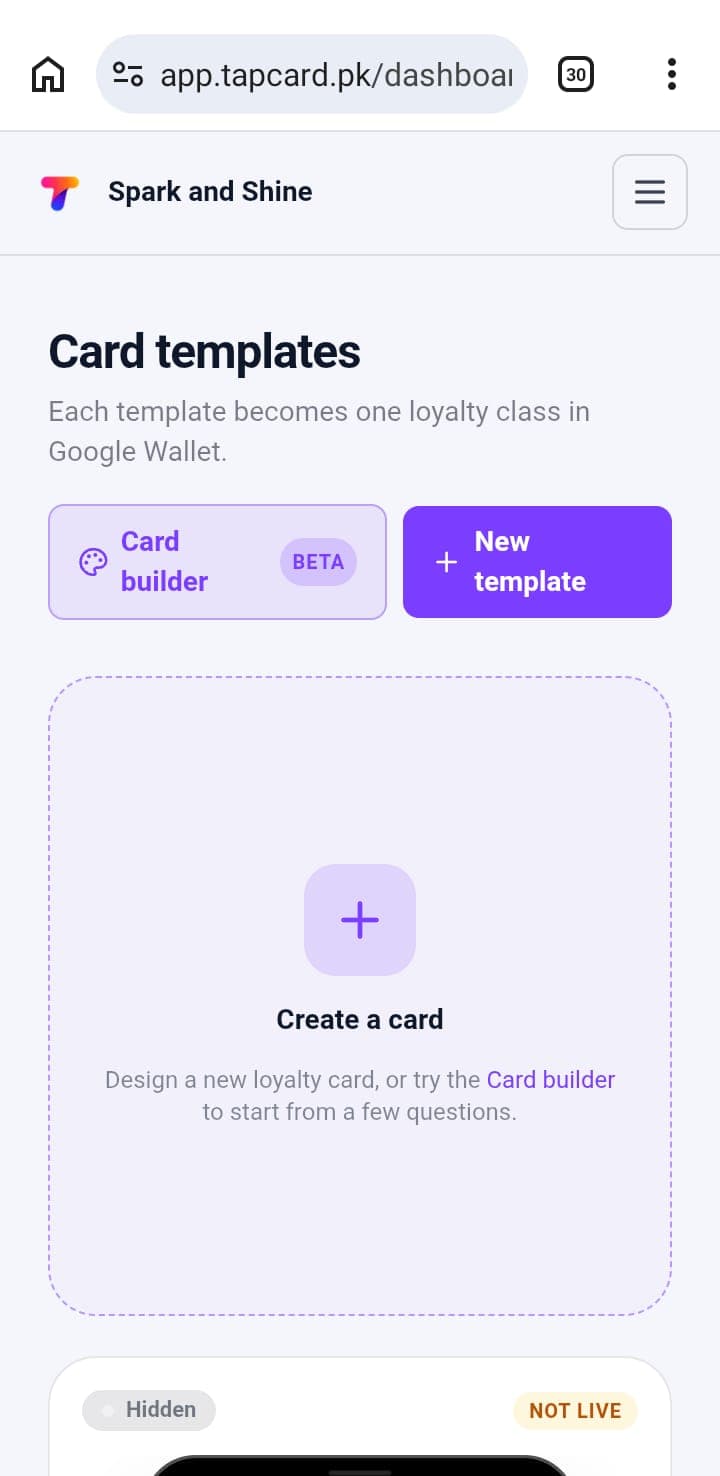 The Card templates page
