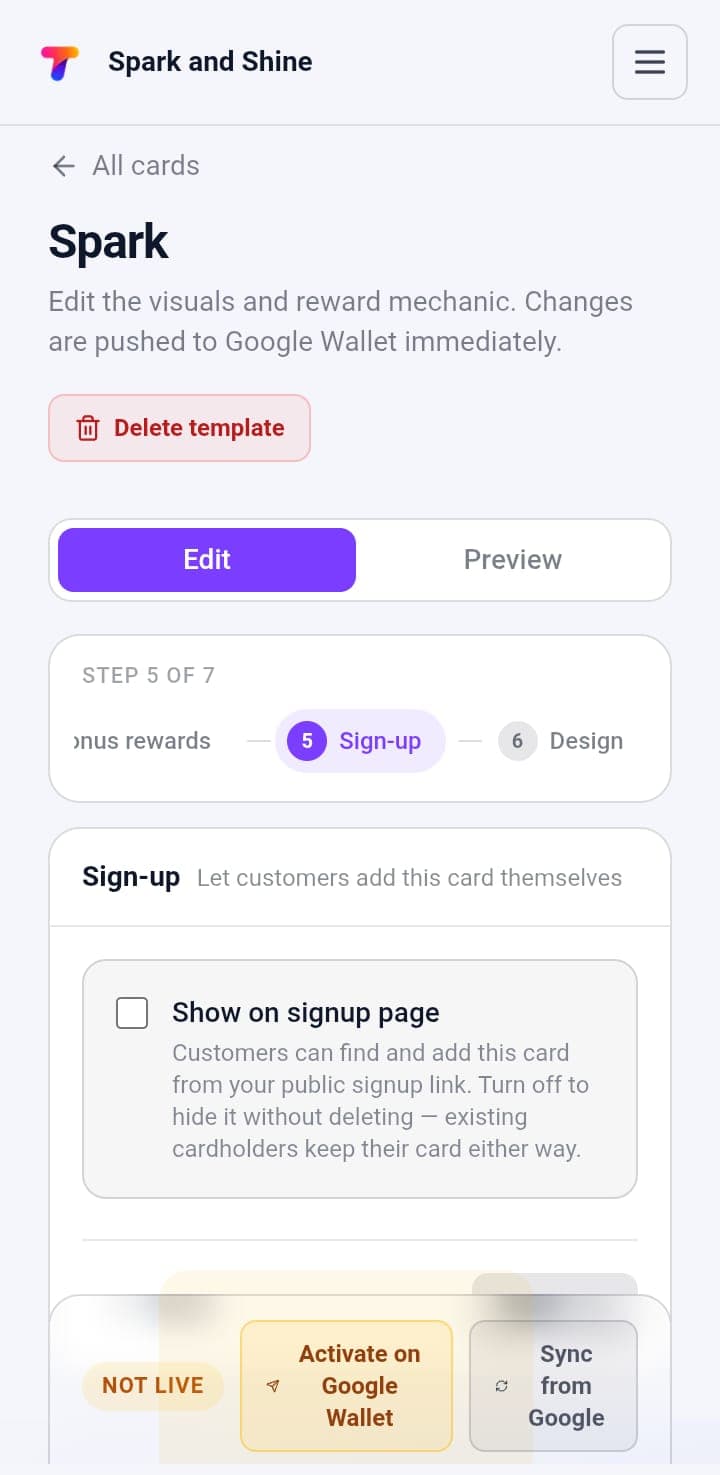Activate on Google Wallet and Sync from Google buttons