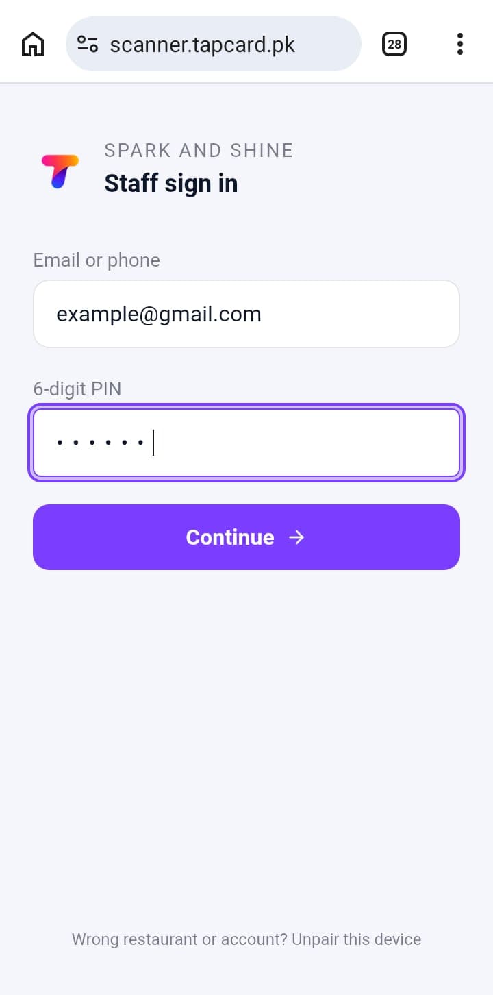 Staff sign in on the Scanner App
