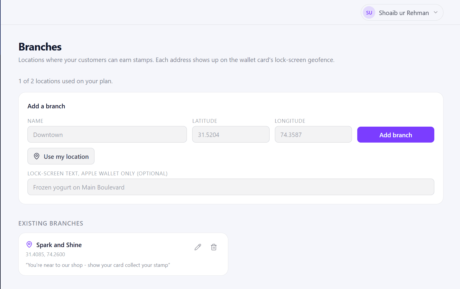 Branches page in the Merchant Dashboard
