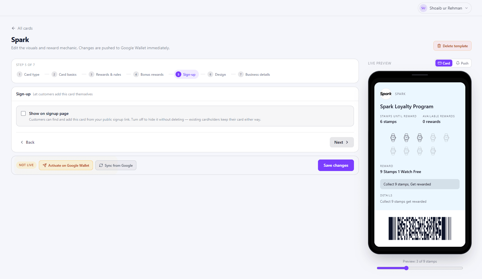 Sign-up step of a new card template